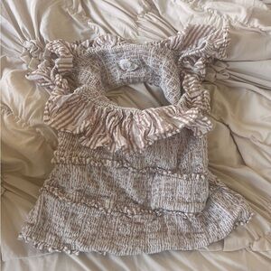 Anthropologie Beige & White Striped Smocked Ruffle Tank